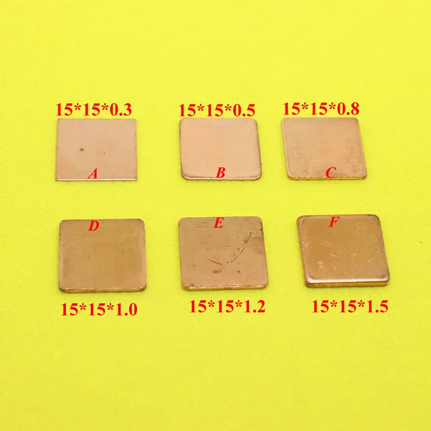 

cltgxdd 6Models 15x15x0.3/0.5/0.8/1/1.2/1.5mm Copper Heat Sink Shim Heatsink Sheet Thermal Pad For Laptop GPU CPU VGA Chip RAM