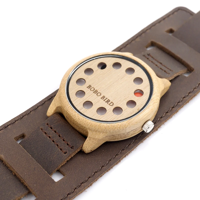 BOBO BIRD V-A26 12 Holes Design Bamboo Wood Watch Mens Quartz Analog Watches Brown Leather Wooden Wristwatch Band
