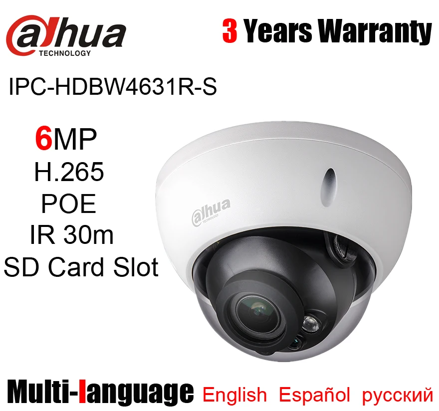 

Dahua DH-IPC-HDBW4631R-S Dome Network Camera IPC-HDBW4631R-S 6MP IR 30M POE H.265 IP CAMERA SUPPORT SD CARD