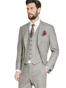 Ceny 2017 Najnowsze Wzory Płaszcz Pant Lampki Zimowe Szary Tweed Mężczyźni Garnitur Slim Fit 3 Sztuka Tuxedo Niestandardowe Pan Młody Blazer Garnitury Na Studniówkę Masculino