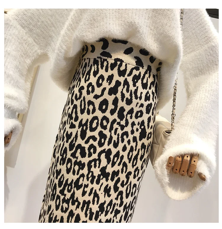Зимняя женская модная трикотажная леопардовая эластичная тонкая юбка-карандаш до середины икры, женские сексуальные длинные юбки для дам юбки средней длины
