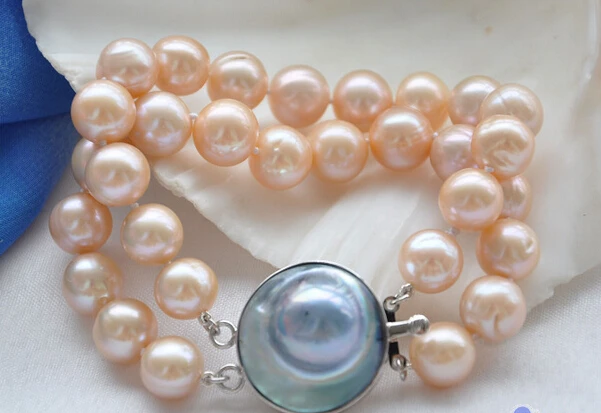 

Miss charm Jew 344 2row 8" 11-12mm ROUND PINK PEARL BRACELET MABE