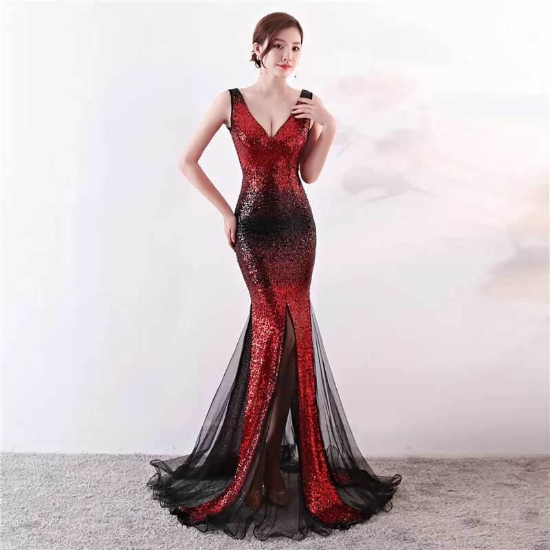 

Red Sequins With Black Transparent Mesh Mermaid Elegant Luxury Special Occasion Long Dresses Evening Party Dress Sexy Clubwear