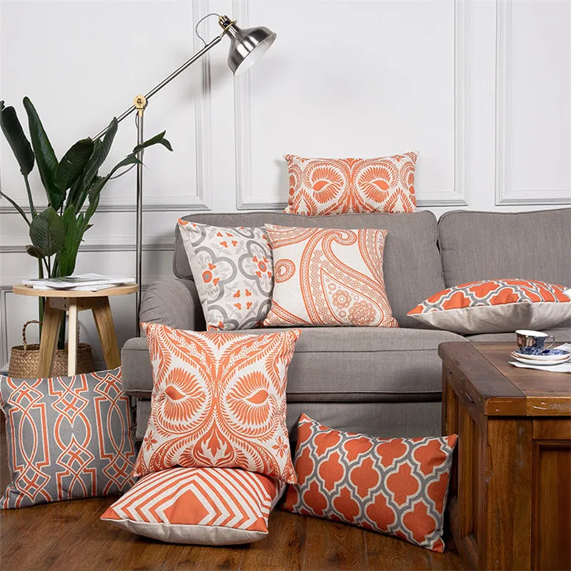 Maiyubo البرتقال الأبيض هندسية سلسلة مطبوعة أريكة غطاء وسادة ديكور المنزل رمي المخدة الكتان المنزلية مربع بالجملة
