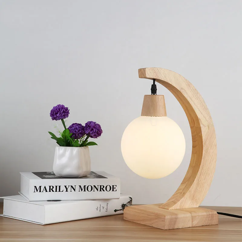

Simple wood glass table lamp Nordic art bedroom bedside lamps wooden ball lamp creative personality YA72622