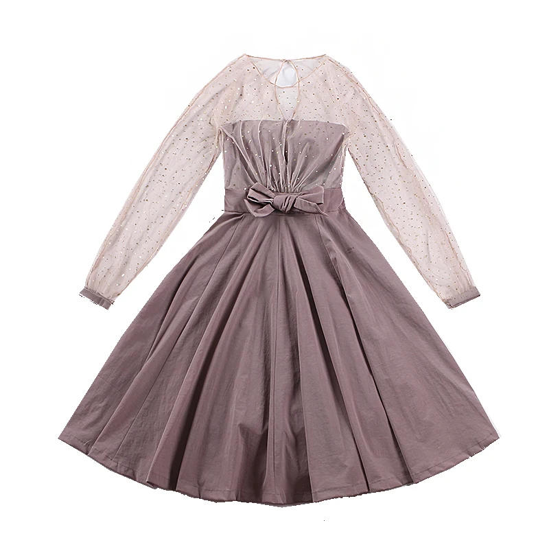 

le palais vintage Patchwork Ball Gown Dress Dazzle Mesh Twill Blend Bow Decor Lantern Sleeve Dress with Chest Pad 2019 Spring