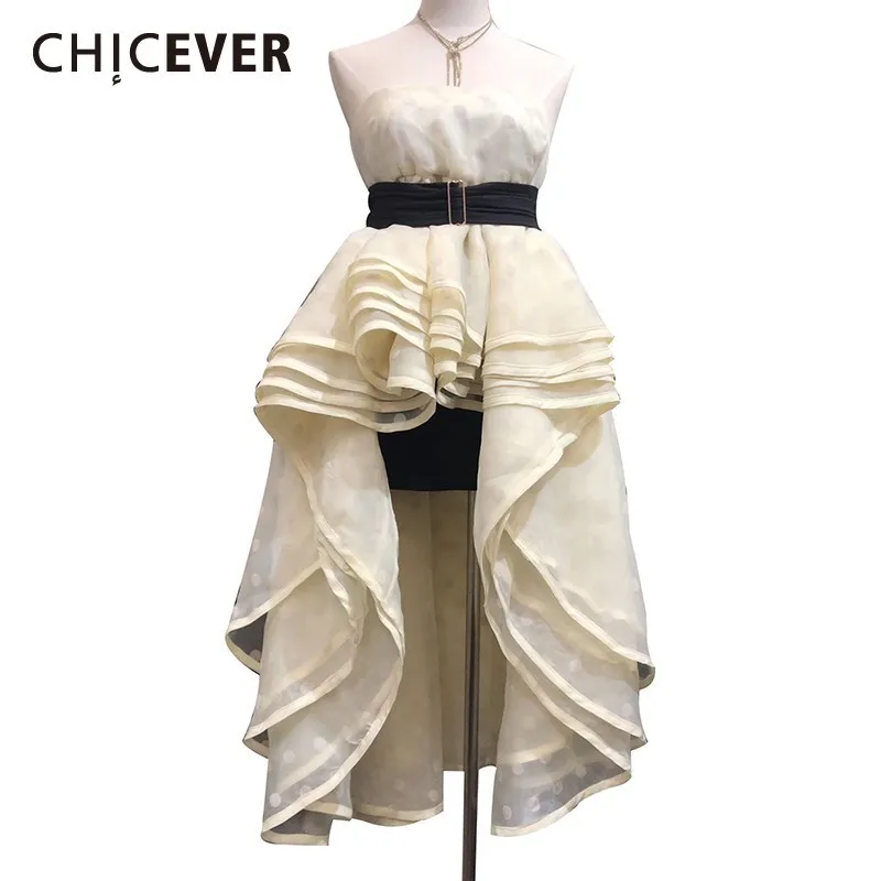 

CHICEVER Summer Polka Dot Dress For Women Off Shoulder Strapless High Waist Ruffles Asymmetrical Dresses Female Fashion 2019 New