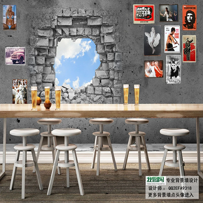 Large 3D creative wallpaper sky broken brick mural wallpaper KTV bar  background wall paper restaurant cafe shop wallpaper