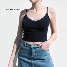 Женский легкий топ с v-образным вырезом из рубчатого хлопка с бретельками и кружевная отделка