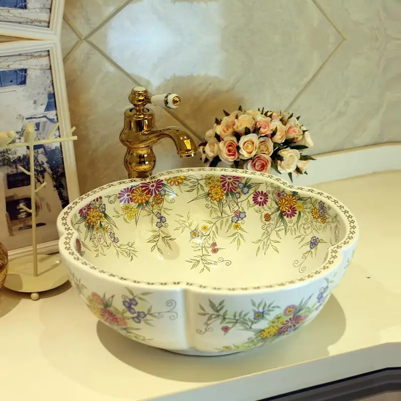 Europe style flower shape sink Jingdezhen Art Counter Top ceramic