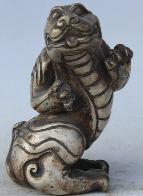 

6" Old Chinese Feng Shui Bronze Silver Beast Animal bestial Statue Sculpture S0705