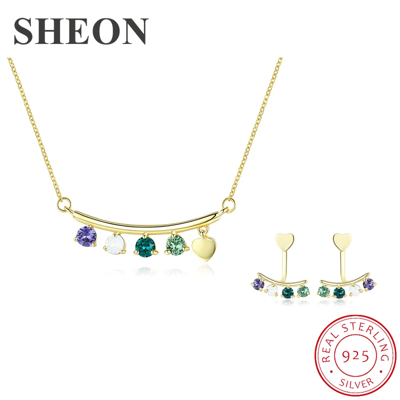 

SHEON Authentic 925 Sterling Silver Luxury Multicolor Crystal Pendant Necklace Earrings Jewelry Set Sterling Silver Jewelry Gift