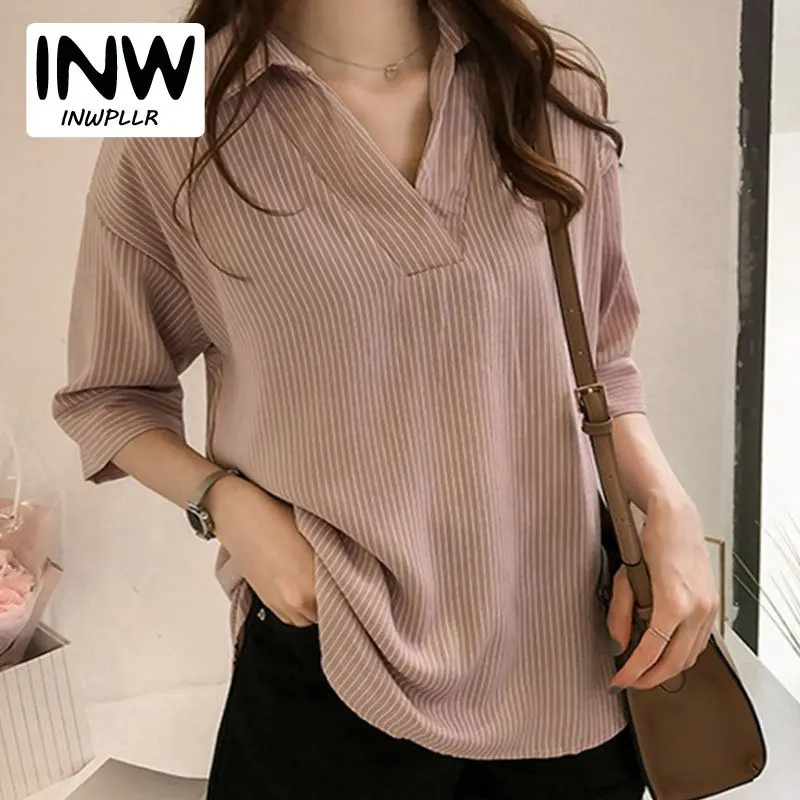 

Women Tops Summer Striped Blouse Women 2019 Korean-style Office Shirt Femme V-neck Half Sleeve Chiffon Blouse Plus Size Top Lady