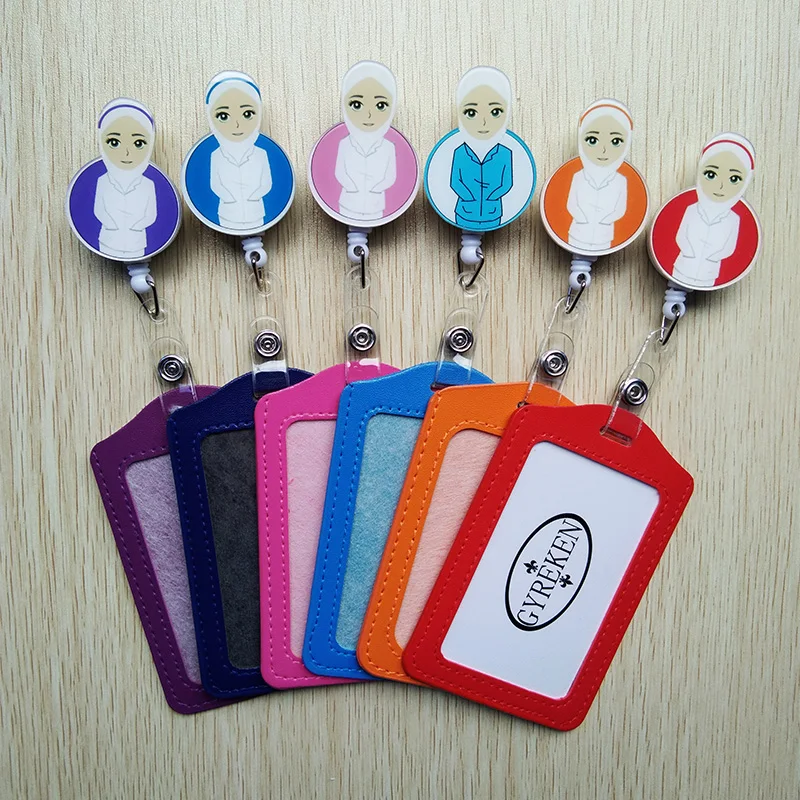1Pcs Cute cartoon Retractable Badge Reel withHorizontal and vertical style PU ID Doctor and nurse Card Work Card Badge Holder
