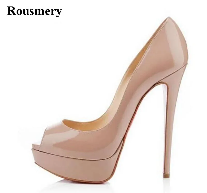 Women Classical Style Open Toe Patent Leather High Platform 14cm Heel Pumps Sexy Formal Dress Shoes Wedding Shoes