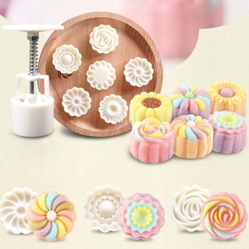 

Moon Cake Mould Mold with 6Pcs Stamps Round Flower Pastry Mooncake Hand Tool