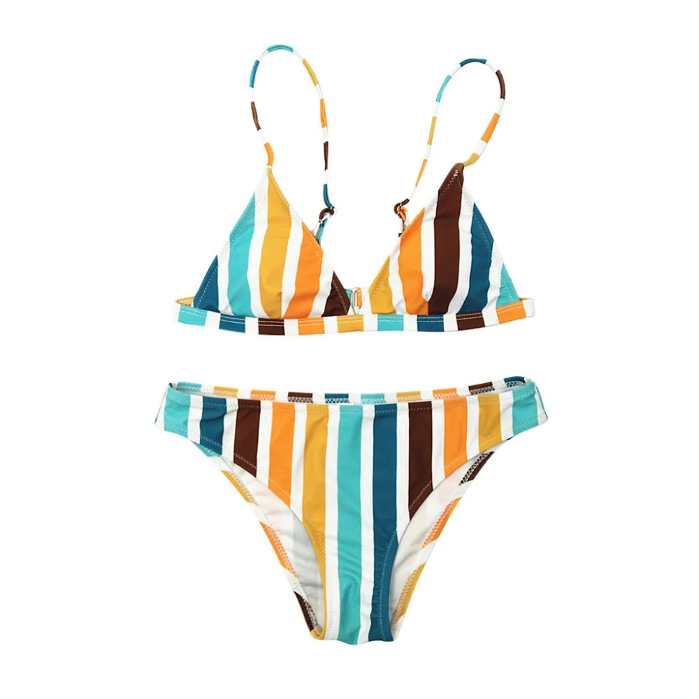

Swimsuit women Summer 2019 Women's Rainbow Striped Print Swimwear Bikini Swimwear Bandage Tankini Beach Swim Summer