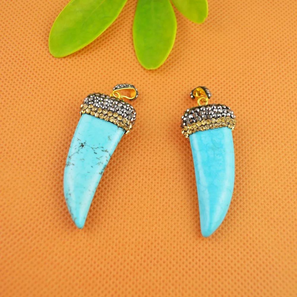 Fashion 5Pcs Druzy Blue Howlite Turquoise Stone With Shiny Rhinestone Crystal Dagger Charms Pendants For Necklace Jewelry Making