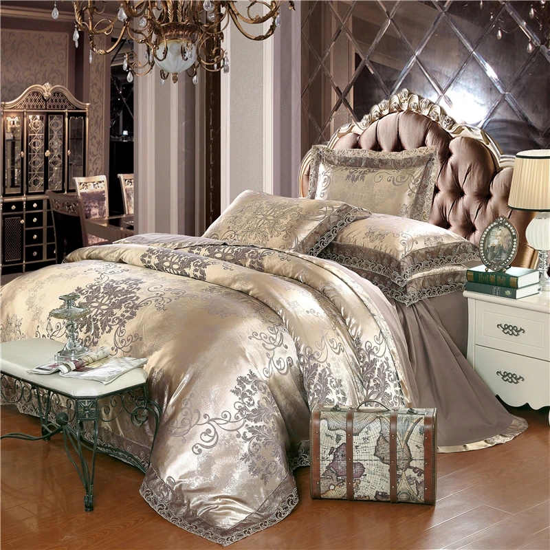 

Gold silver coffee jacquard luxury bedding set queen/king size stain bed set 4pcs cotton silk lace duvet cover sets bedsheet
