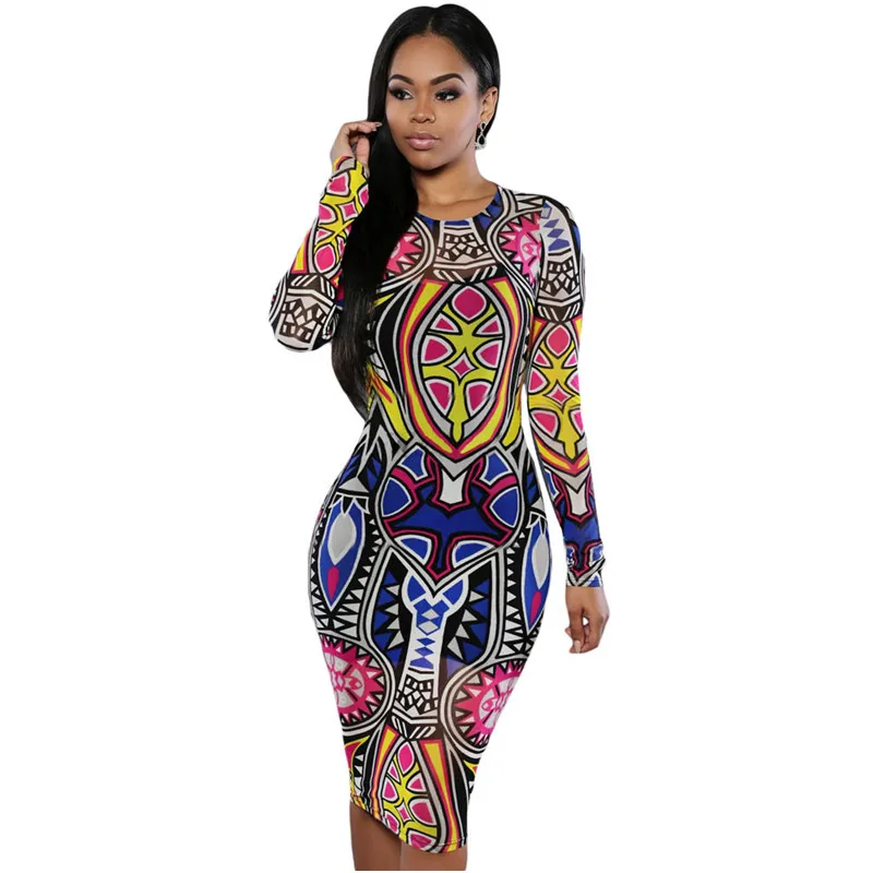 Cfanny 2016 New Sexy Tribal Print Multi Color Pencil Dress Women ...