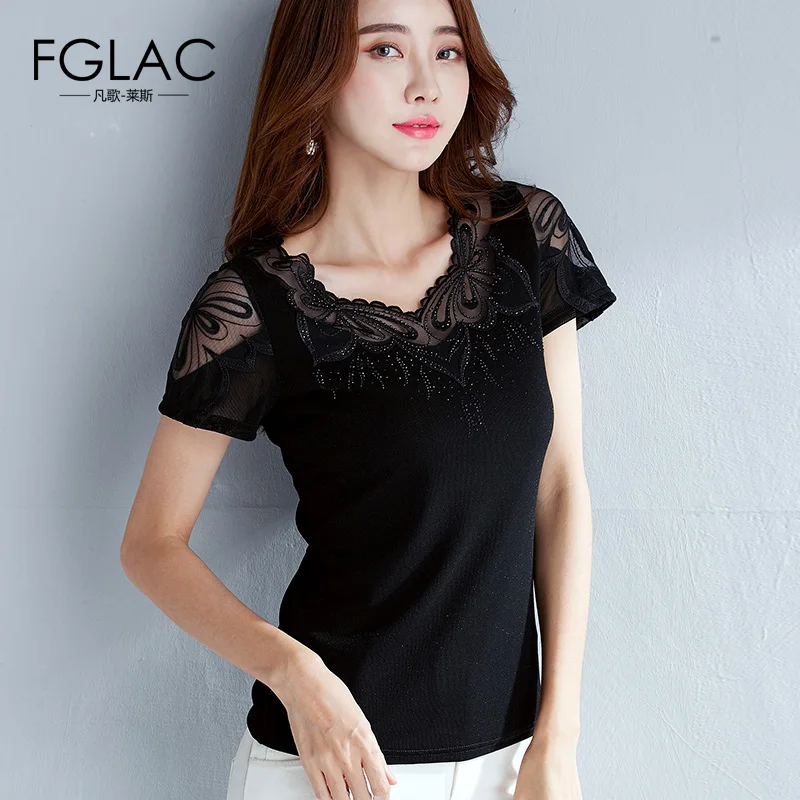 بلوزة قميص القادمون الجدد 2019 الصيف قصير كم بلوزات من الدانتيل أنيقة ضئيلة شبكة قميص زائد حجم النساء قمم و البلوزات