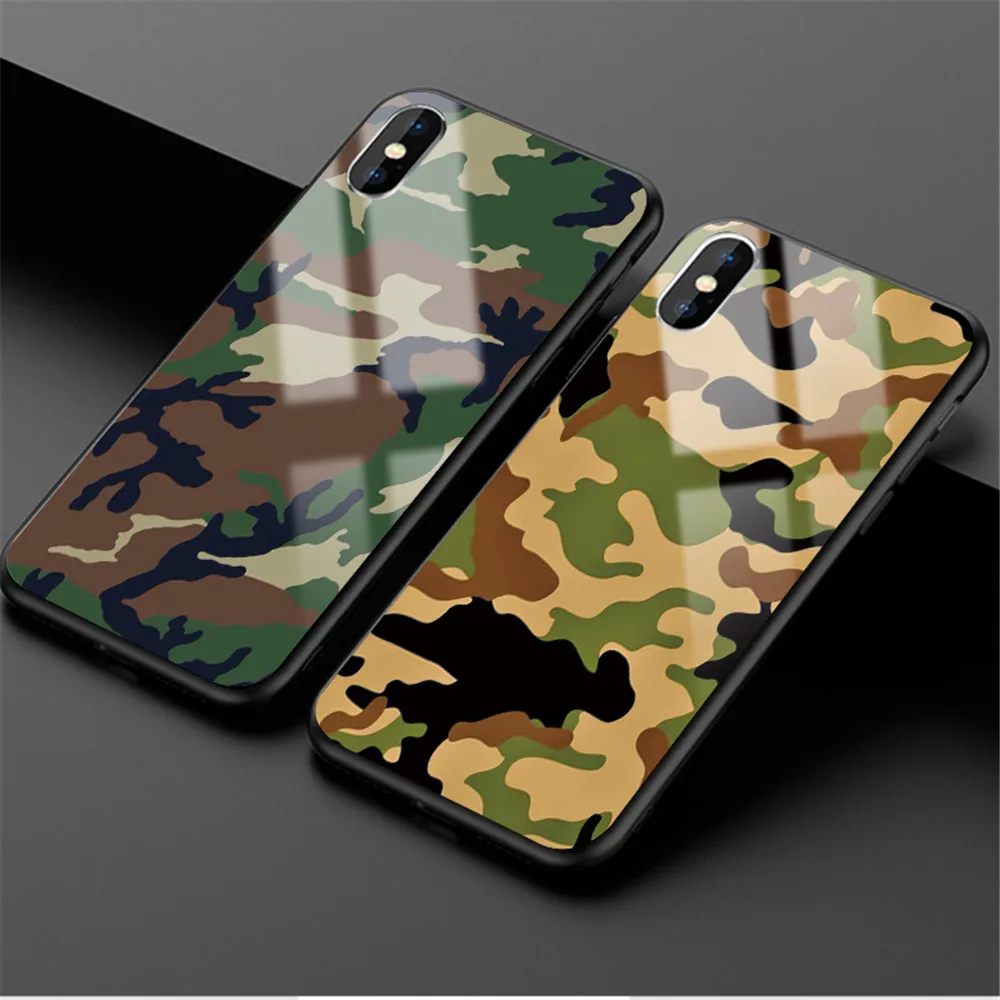 

Cool Army Green Camouflage Case Tempered glass cases For iphoneX XS Max XR 5 5S SE 6 6S 7 8 Plus