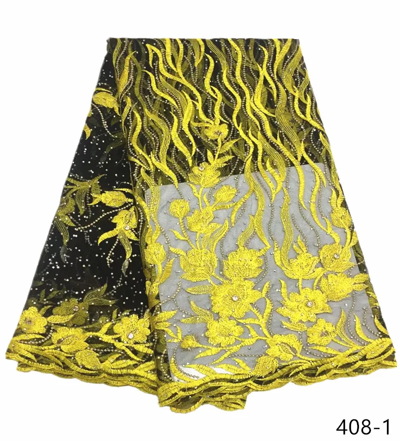 

Yellow African Lace Fabric 2018 High Quality French Lace Fabric With Stones Embroidery Lace Fabric For Women Dress 408