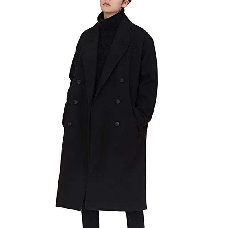 Мужские модные повседневные ветрозащитные пальто в Корейском стиле размера плюс, свободное зимнее длинное двубортное пальто