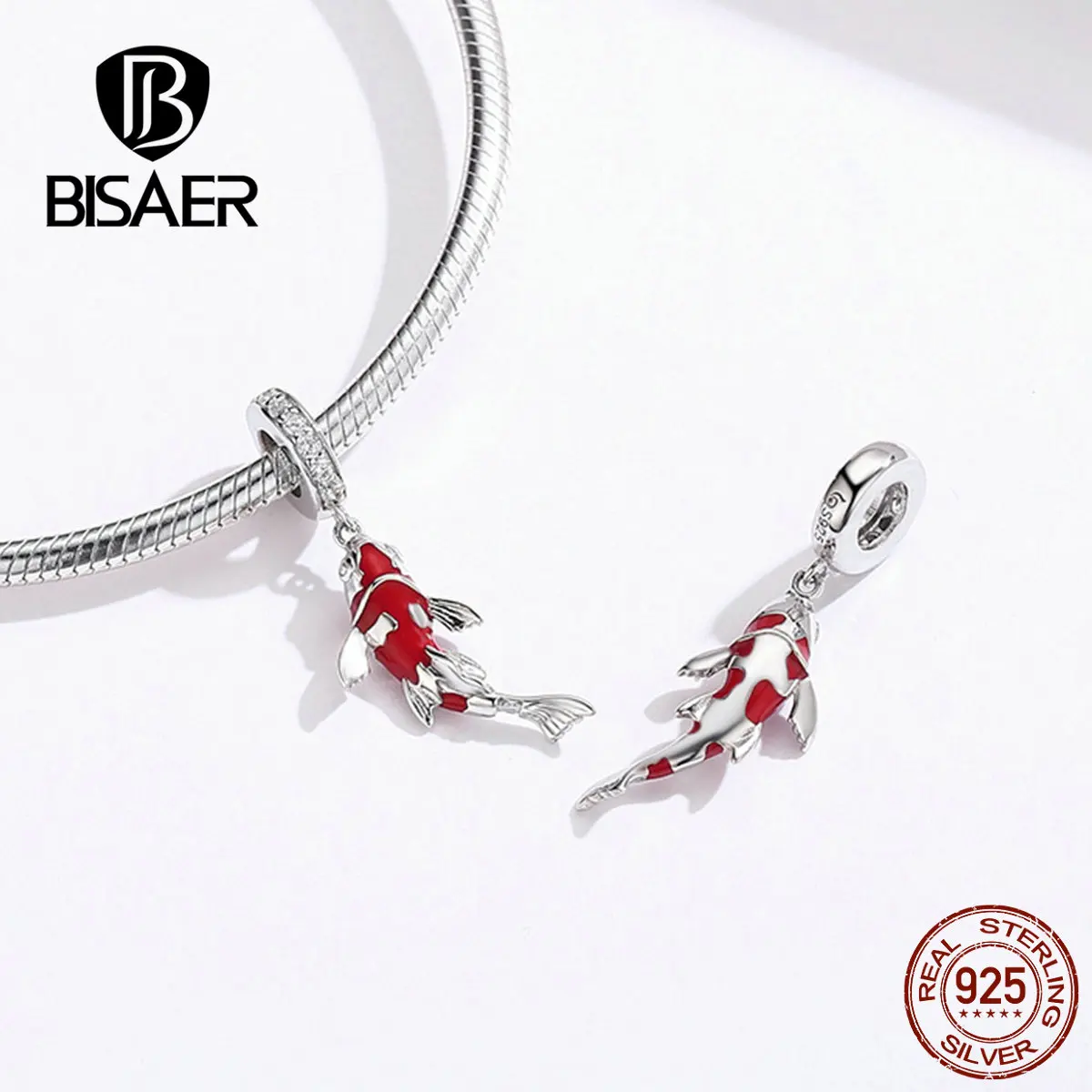 

BISAER Fortune Carp 925 Sterling Silver Chinese Red Carp Charms Pendant Trendy Jewelry Accessories Fit Bracelet Necklaces HVC085
