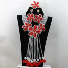 Восхитительное серебряное и красное цветочное ожерелье, набор с красным цветком, Женский нигерийский Свадебный комплект ювелирных изделий,, WA598