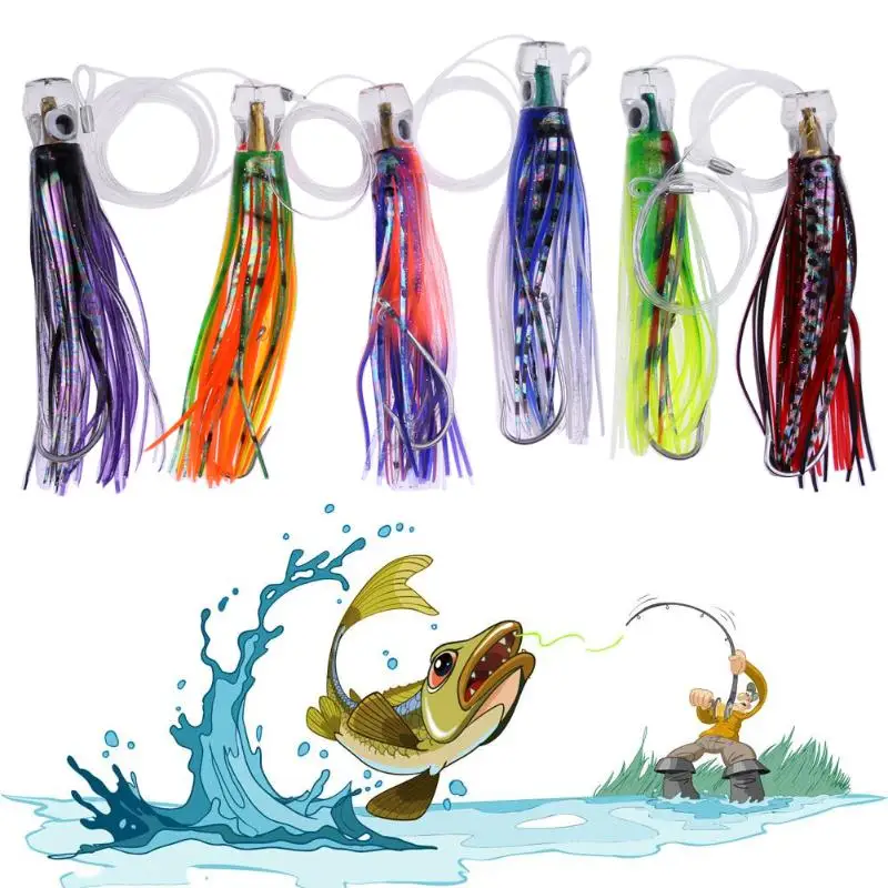 6 Pusher Style Marlin Tuna Trolling Lures with Mesh Bag Resin Head