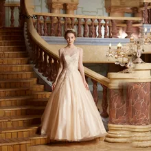 Finove Выпускное Платье длинное vestido de fiesta Aplliques элегантные, цвета шампанского A линия просвечивается сзади Формальное вечернее женское платье