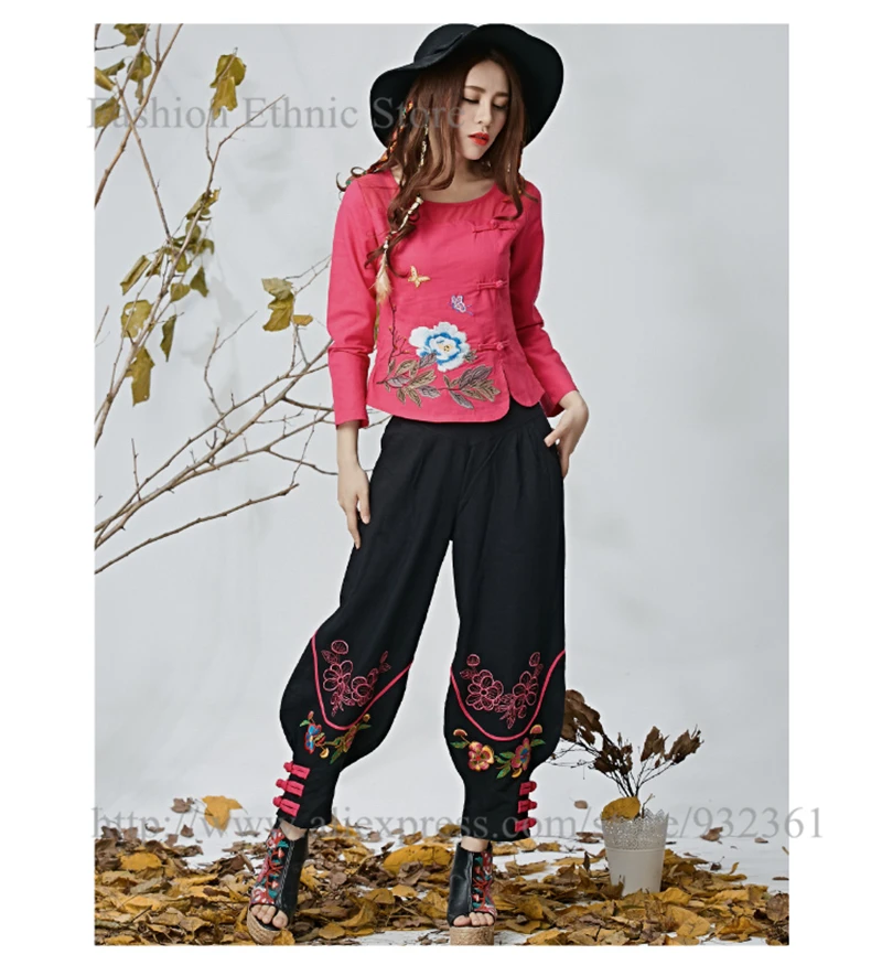 

Vintage Ethnic Floral Embroidery Loose Harem Pants Women Elastic Waist Cotton Linen Black trousers XL pantalones mujer