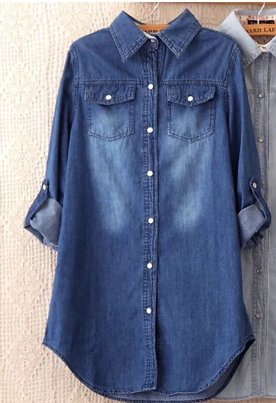 Летние женские джинсовые длинные рубашки Feminina, Женская Повседневная хлопковая Джинсовая блузка, женские топы с отложным воротником и карманами, светильник синего цвета - Цвет: Синий