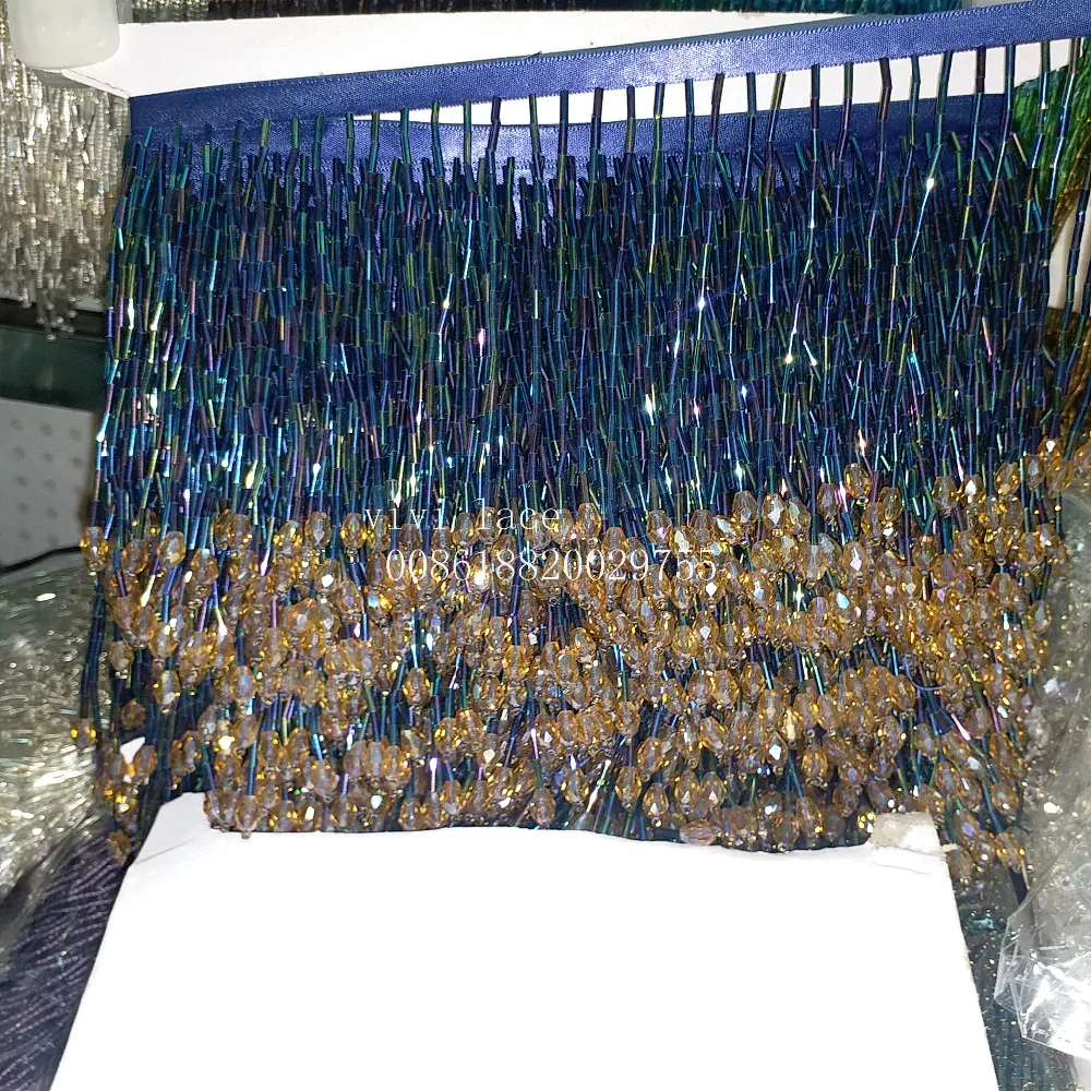 buy yy007 10yards bag shining blue gold beads tassel fringe 10 cm width for decoration dress fashion designer
