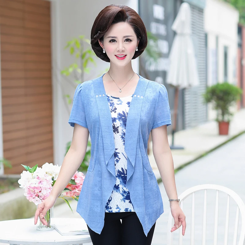 

Short Sleeve Fake Two Pieces Tops For Women Summer T-shirts Fashion Plus Size Middle Age Mother Clothing Slim Tee Shirts Femme