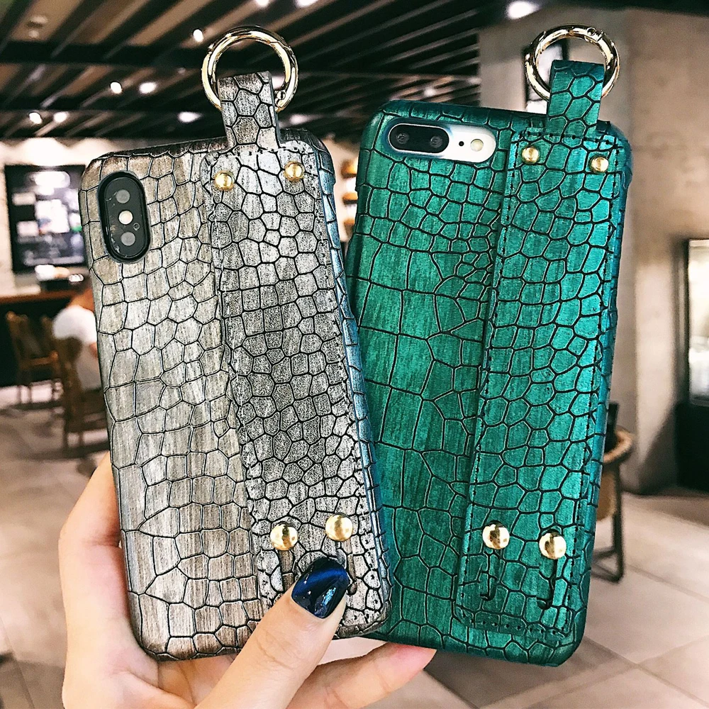 

For iPhone 8 Plus 6S 6 7 Plus X XR Case, Fashion Marble Cover with Wrist Strap Phone Leather Hard Back Cover
