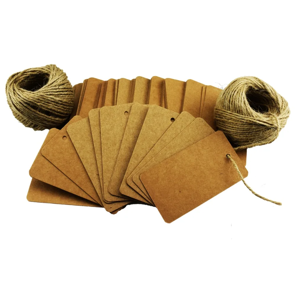 

100Pcs Khaki Escort Card Tag, Kraft Paper Gift Tags with 50meters Natural Jute Twine for Key Bottle Openers, Weddings, Parties