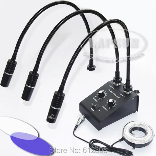 

110V-240V 2 White & 1 UV LED Dual Goosene & 80 LED Ring Light Illuminator Lamp Source For Industry Stereo Microscope Lens Camera