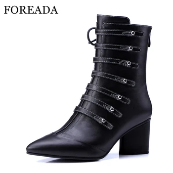 

FOREADA Real Leather Boots Winter Women Ankle Boots Rivet Pointed Toe Buckle Thick High Heel Boots Zipper Ladies Shoes Black
