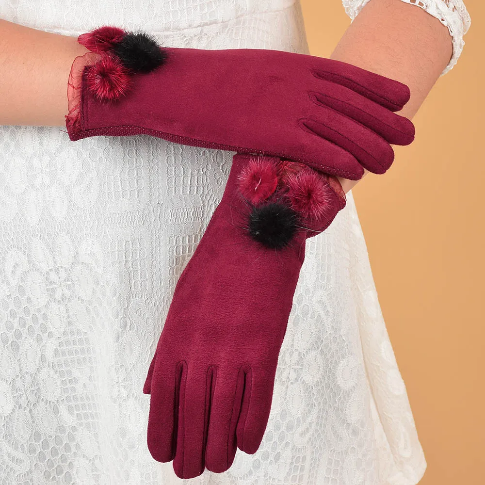 Women Warm Winter Glove Soft Faux Suede Thick Mitten Full Finger Glovees Lovely Plush Ball Lace Mittens Guantes Mujer@py