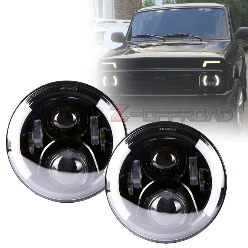 

For lada niva 4x4 7Inch Round Led Headlight Halo Ring Angel Eye DRL Amber Turn Signal Projector Headlamp For Jeep Wrangler