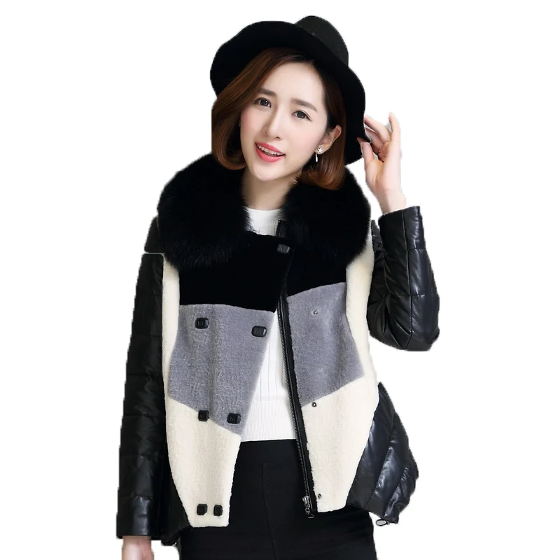 

Real Fur Coat Genuine Leather Jacket Sheepskin Coat Fox Fur Collar Wool Jacket Autumn Winter Coat Women Clothes 2018 ZT1050
