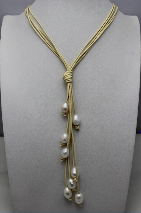 

fast 4Strands Genuine Leather white Freshwater Pearl Necklace 20" Alloy Beauty AAA
