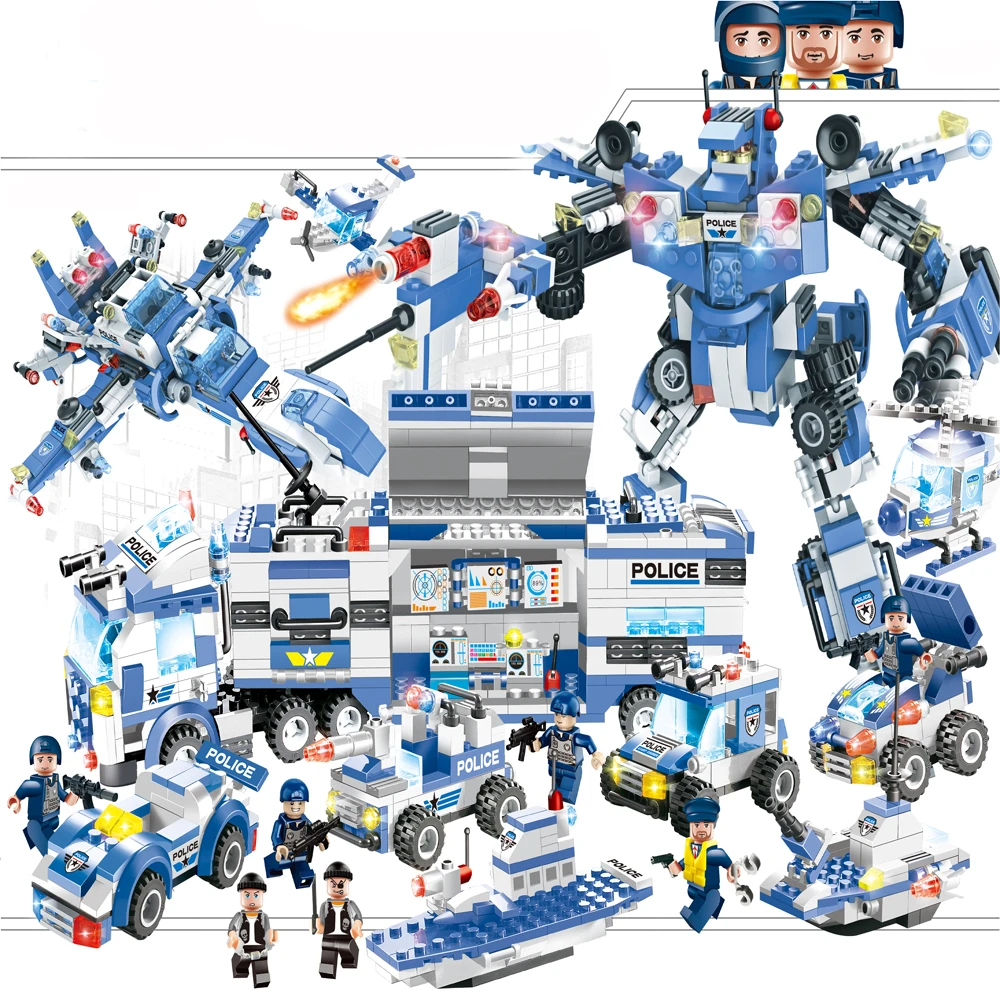 

City Police Series 8 in 1/6 In 1 Vehicle Car Helicopter Police Staction Building Blocks DIY Bricks Compatible with Legoed