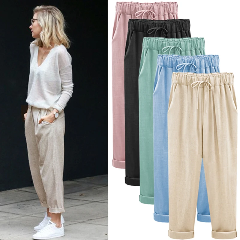 Модные женские брюки размера плюс M-7XL, хлопковые, льняные, новые, повседневные, широкие, с поясом, яркие цвета, брюки-карандаш, черные
