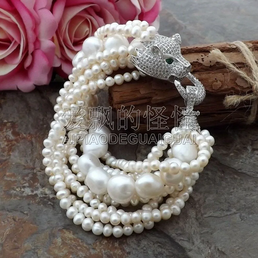 

B090412 8" 9 Strands white Pearl Bracelet Cz Pave Clasp