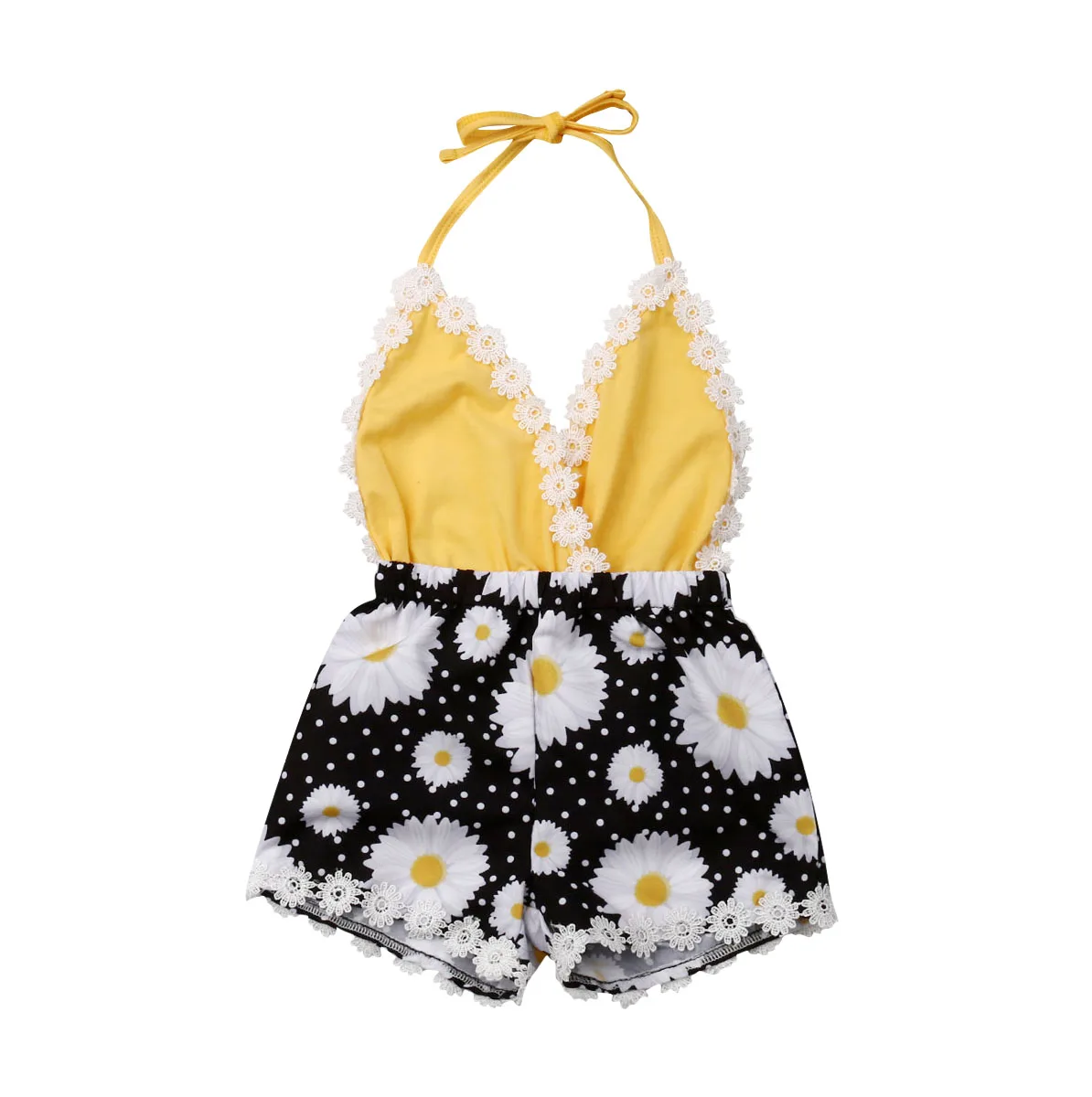 

0-3T Summer Toddler Baby Girl Romper Cute Dots Sunflower Print Lace Trim Backless Halter Lace-Up Sunsuit Baby Casual Clothes
