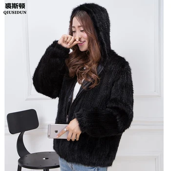

Real Mink Knitted Coat Fashionable Fur Coat With Chinese Fur Winter Jacket Womens Fur Coat With Lining Hooded Black Coat