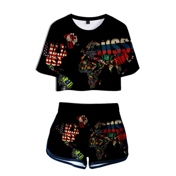 

world map Cool 3D Two Piece Sets Casual 2019 New Fashion Sexy Women Short Sleeve Crop Top and Shorts Outfits Cool Summer Sets